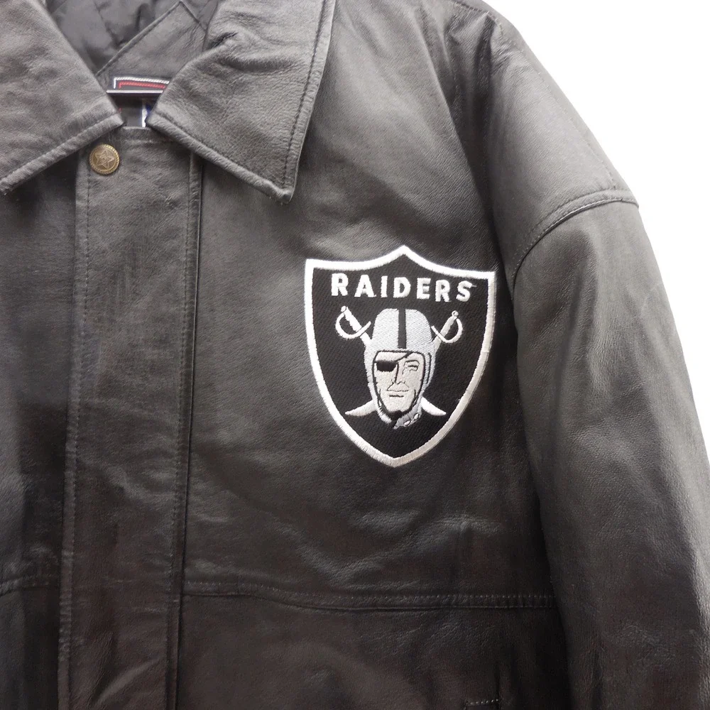 NFL Game Day Raiders Genuine Leather Bomber Jacket Black Embroidered Mens M